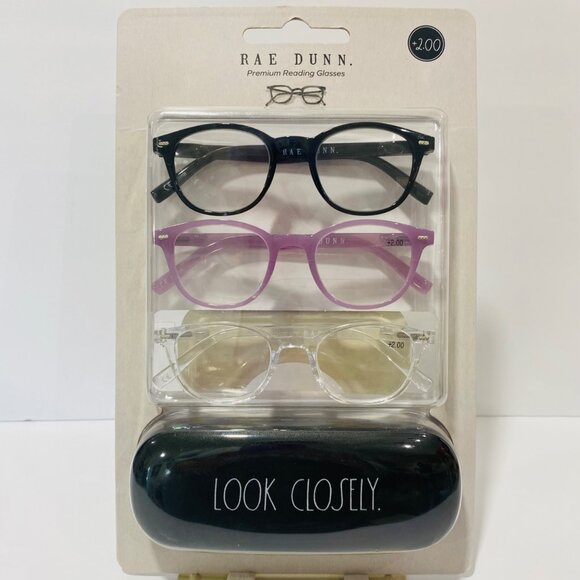 Rae Dunn Premium Reading Glasses Set 3 Pack +2.00 Strength with Protective Case - Picture 1 of 4
